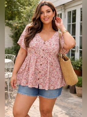 Indigo Rose 2X Floral Babydoll Top Boho Button Front Flowy Blouse Plus Size